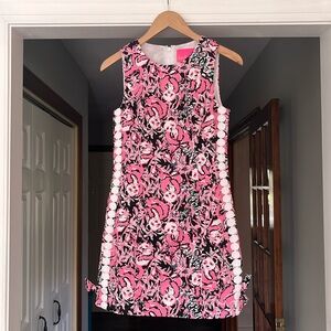 Lilly Pulitzer Classic Cotton Print Mila Shift Dress Size 0 Pink Blk White Panda